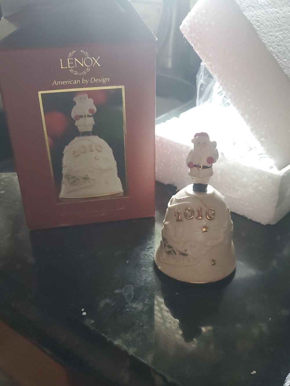 Lenox Ivory and Gold 2010 Porcelain Holiday Bell with Santa Topper